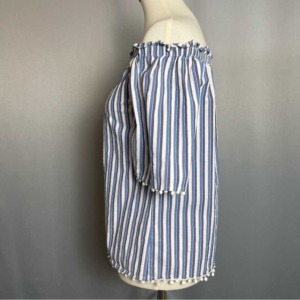 Trina Turk Off Shoulder Blue White Striped Pom Pom Blouse Top Size Small - Picture 8 of 13